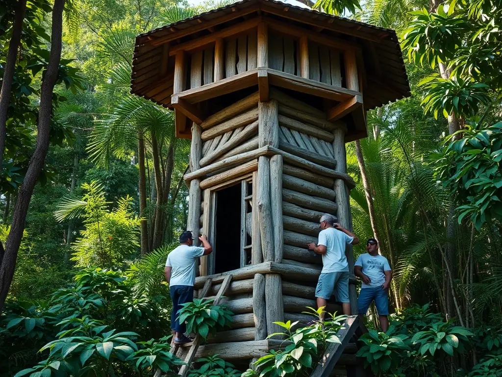 An image of the historic palombière tower nestled in a lush forest, with community members engaged in maintenance activities.