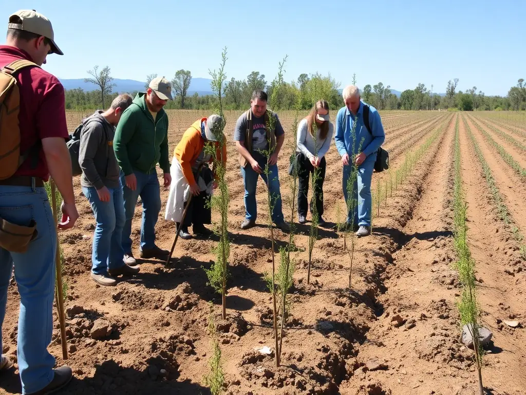 A photograph capturing a group of volunteers planting trees in a deforested area, symbolizing reforestation efforts.