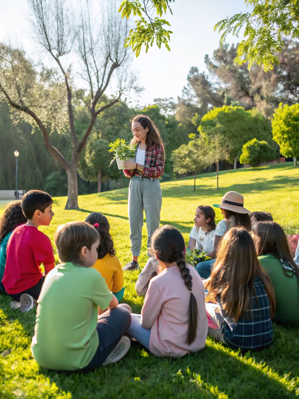 A photo of a group of children participating in an educational workshop about local flora and fauna, emphasizing environmental awareness and education.