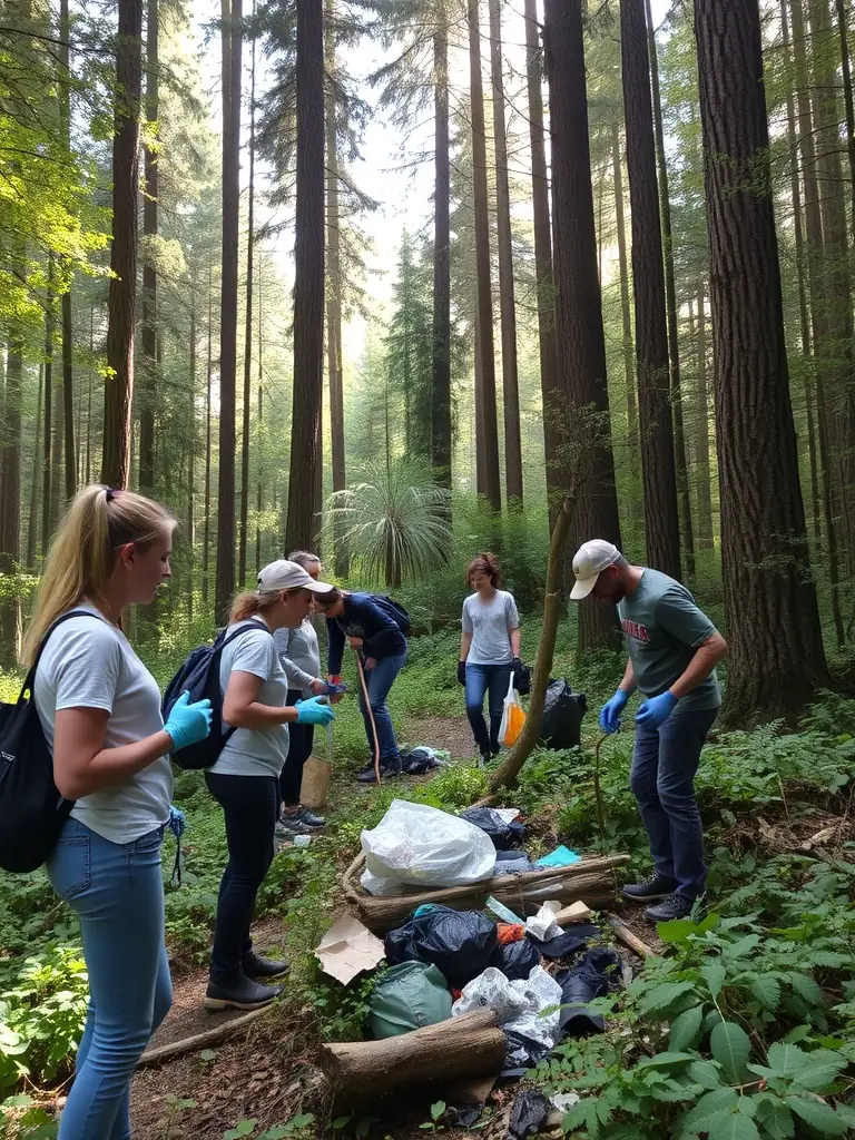 A picture of a group of people cleaning up a local forest area, highlighting the organization's commitment to environmental conservation and community service.