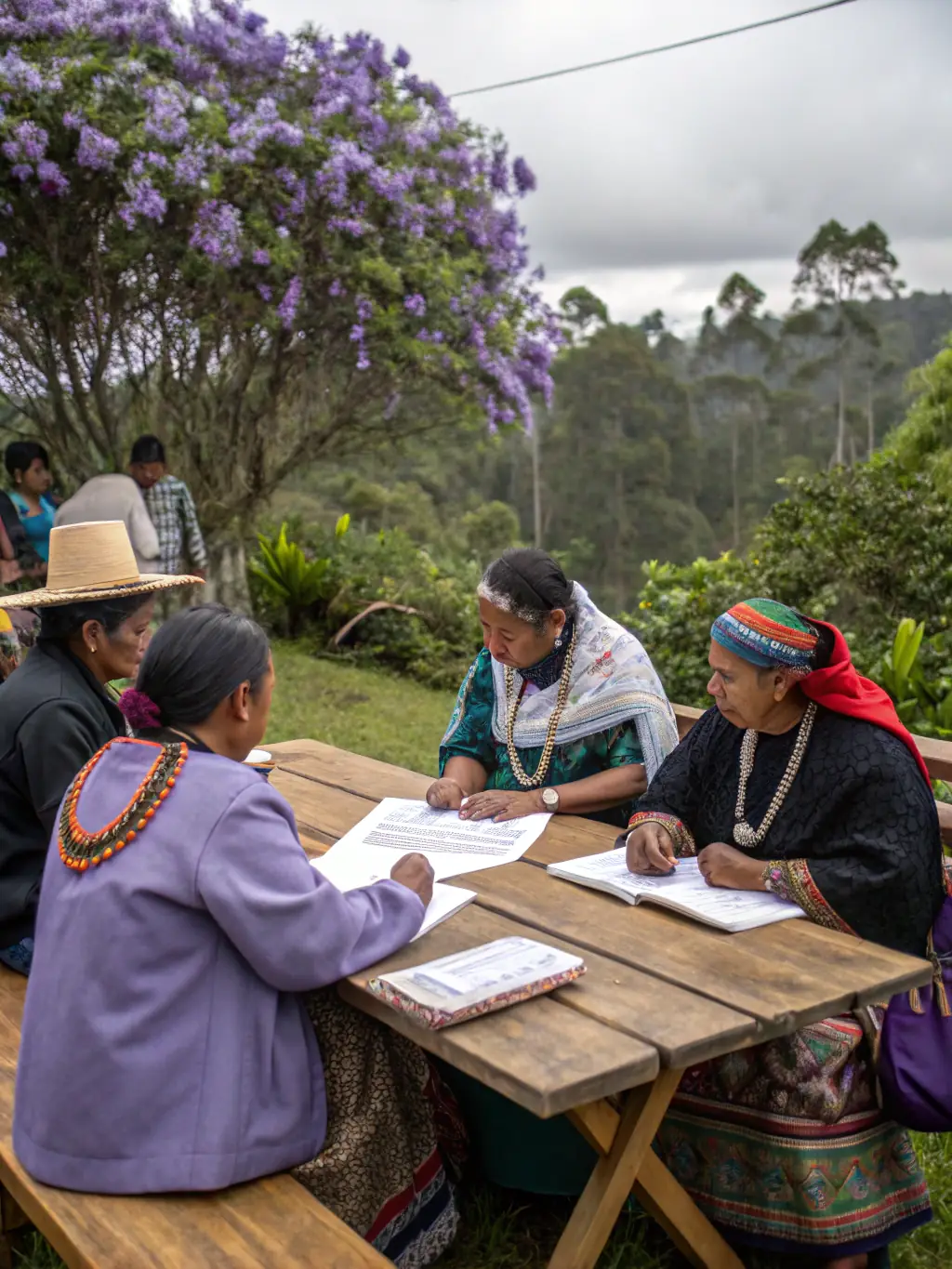 Image of a community meeting where members are discussing sustainable hunting practices and conservation efforts, promoting responsible resource management.