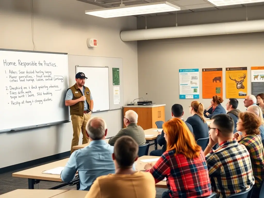 A picture of a workshop where community members are learning about sustainable hunting techniques and wildlife conservation.