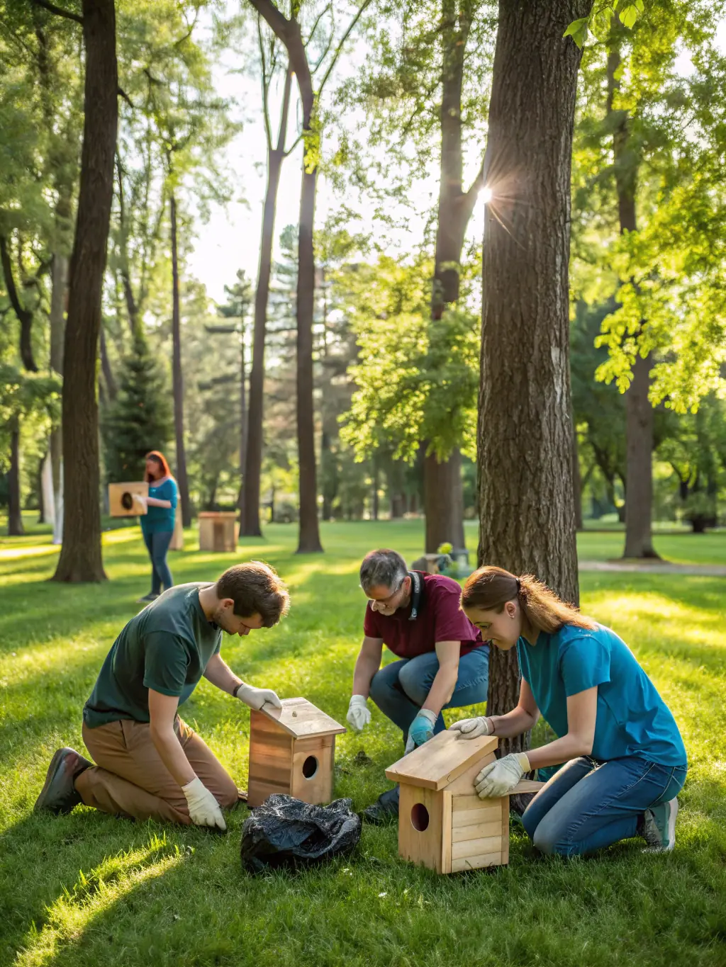 A photograph capturing volunteers constructing a new section of the traditional palombière, showcasing community involvement and hands-on heritage preservation.